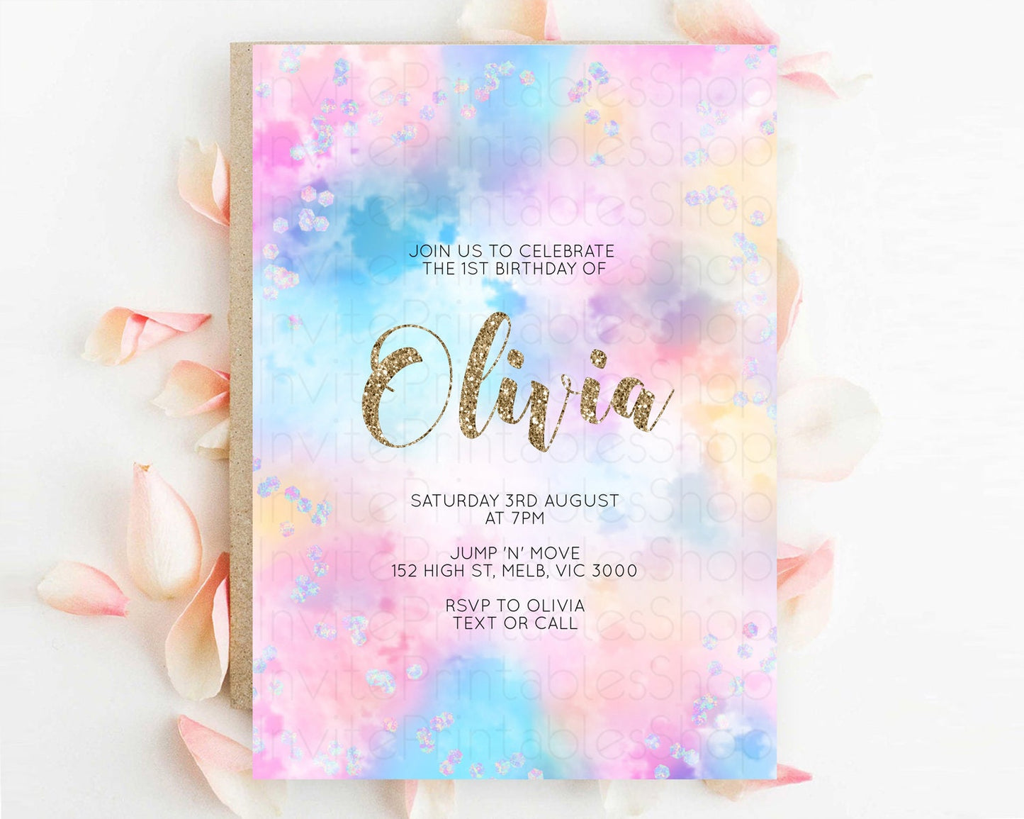 Rainbow Birthday Invitation Colorful Pastel Watercolor Invitation Gold Glitter Sprinkles Ombre Pastel 1st 2nd 3rd Birthday D10608