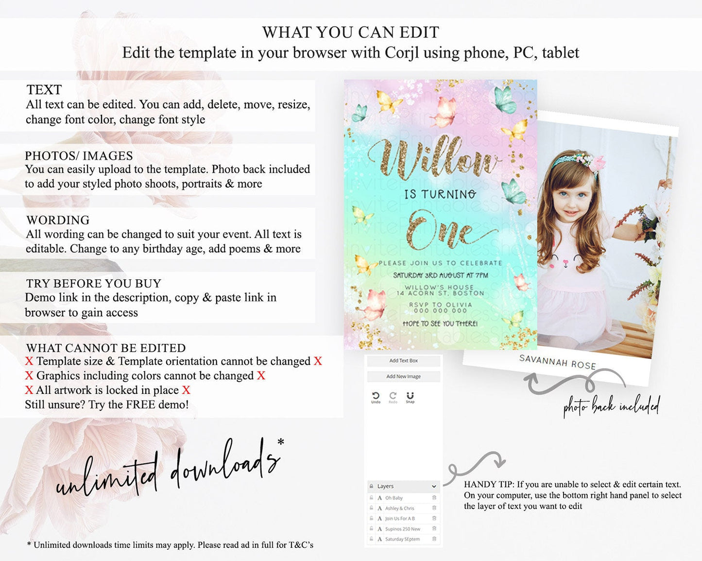 Pastel Butterfly Birthday Invitation Butterfly Birthday Invitation Colorful Splash Glitter Butterfly Garden 1st 2nd Birthday D23079