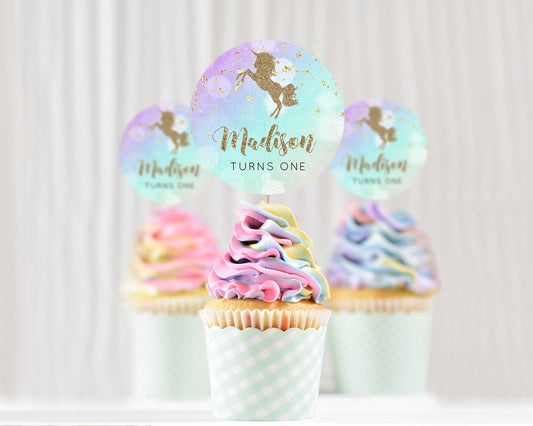 Unicorn Rainbow Cupcake Topper Pastel Unicorn Decor Magical Unicron Ombre Cupcake Toppers Colorful Watercolor Glitter Sprinkle Décor D10950