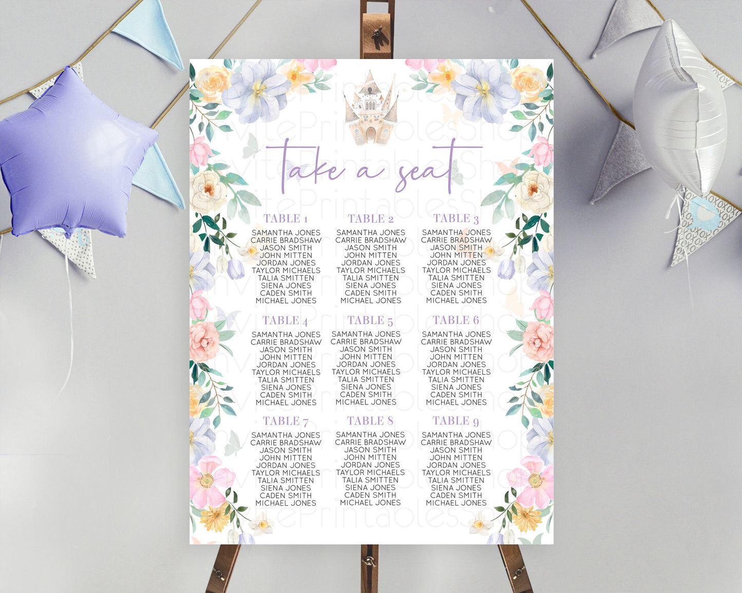 Princess Seating Chart Castle Seating Chart Royal Princess Décor Fairy Tale Enchanted Castle Pastel Floral Garden Table Number Sign D10473