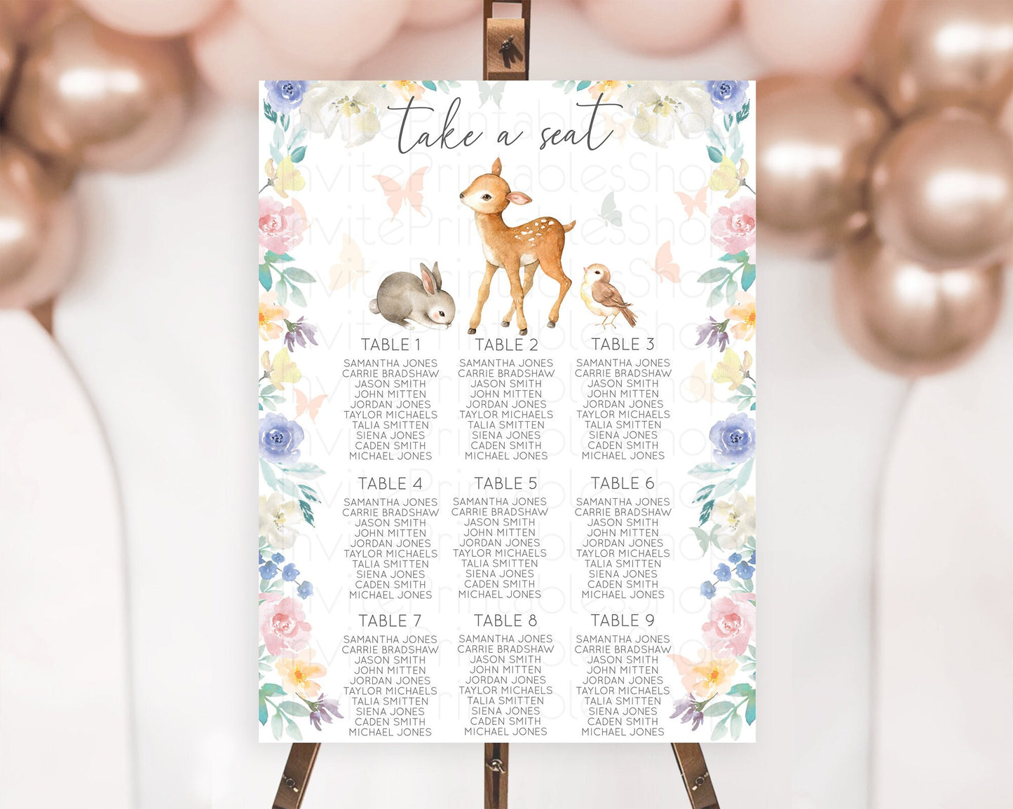 Fawn Seating Chart Deer Seating Chart Enchanted Forest Party Butterfly Pastel Flowers Whimsical Seating Chart Woodland Seating Sign D10930