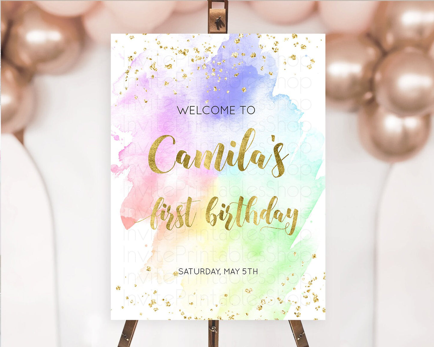 Pastel Welcome Sign Pastel Rainbow Welcome Sign Colorful Rainbow Confetti Watercolor Glitter Pastel First Birthday Welcome Sign D10876