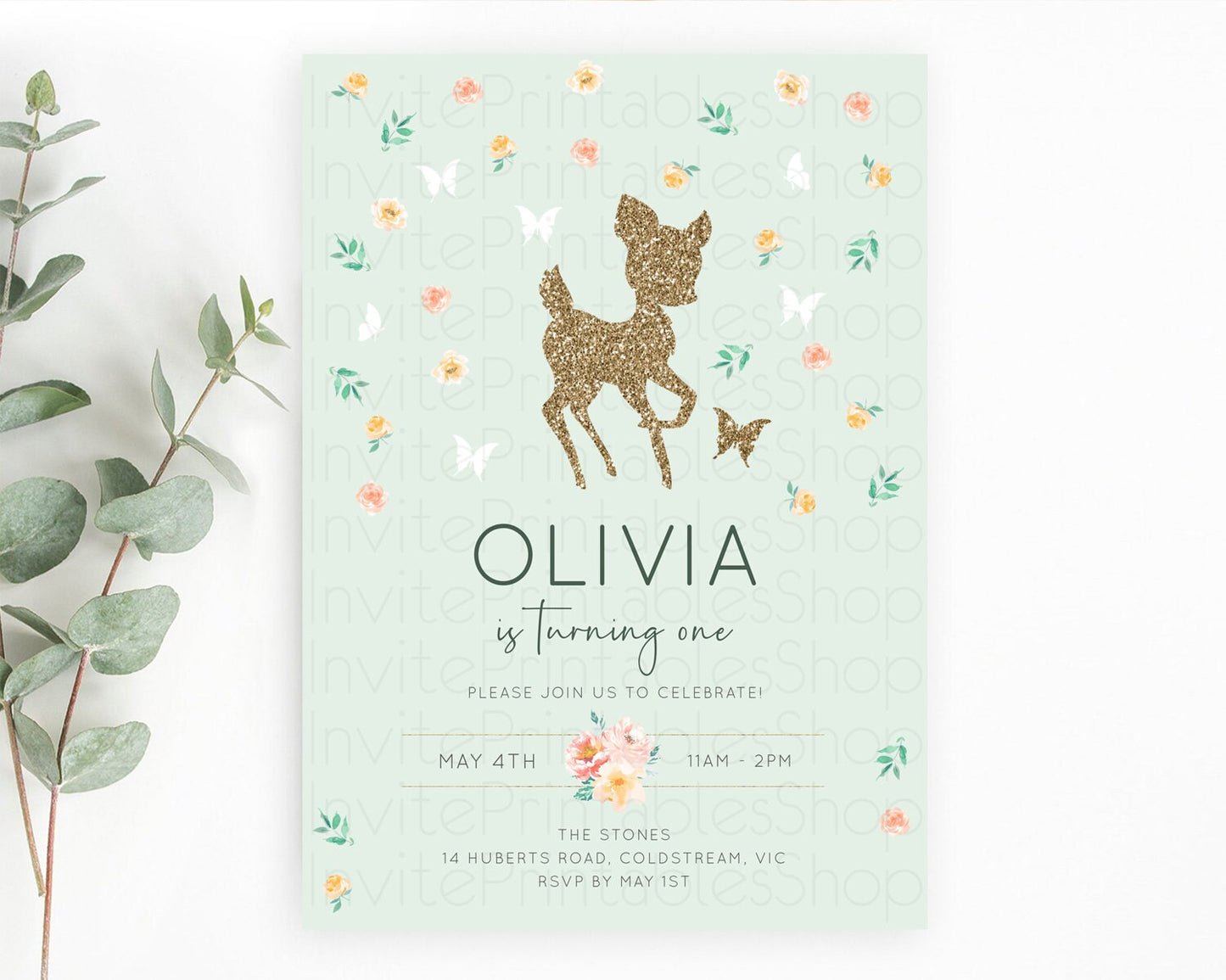 Fawn Birthday Invitation Deer Birthday Invitation Enchanted Forest Party Butterfly Pastel Flowers Whimsical 2nd 1st First Birthday D10385