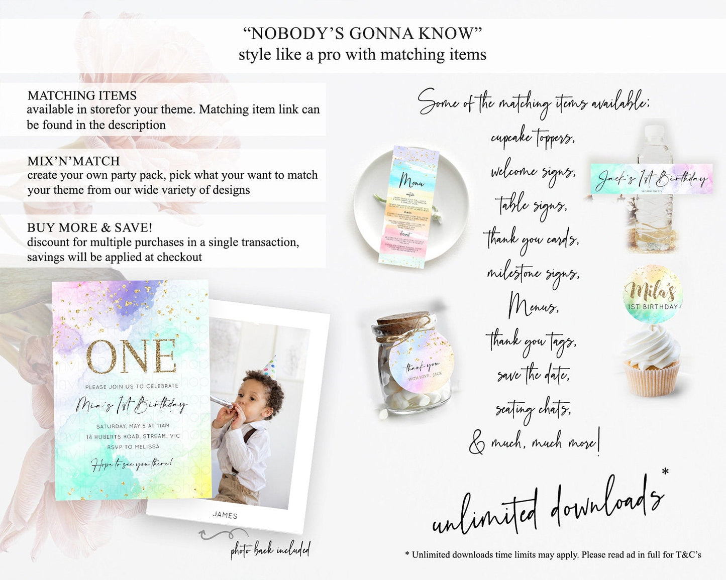Rainbow Birthday Invitation Colorful Pastel Watercolor Invitation Gold Glitter Sprinkles Ombre Pastel 1st 2nd 3rd Birthday D10157