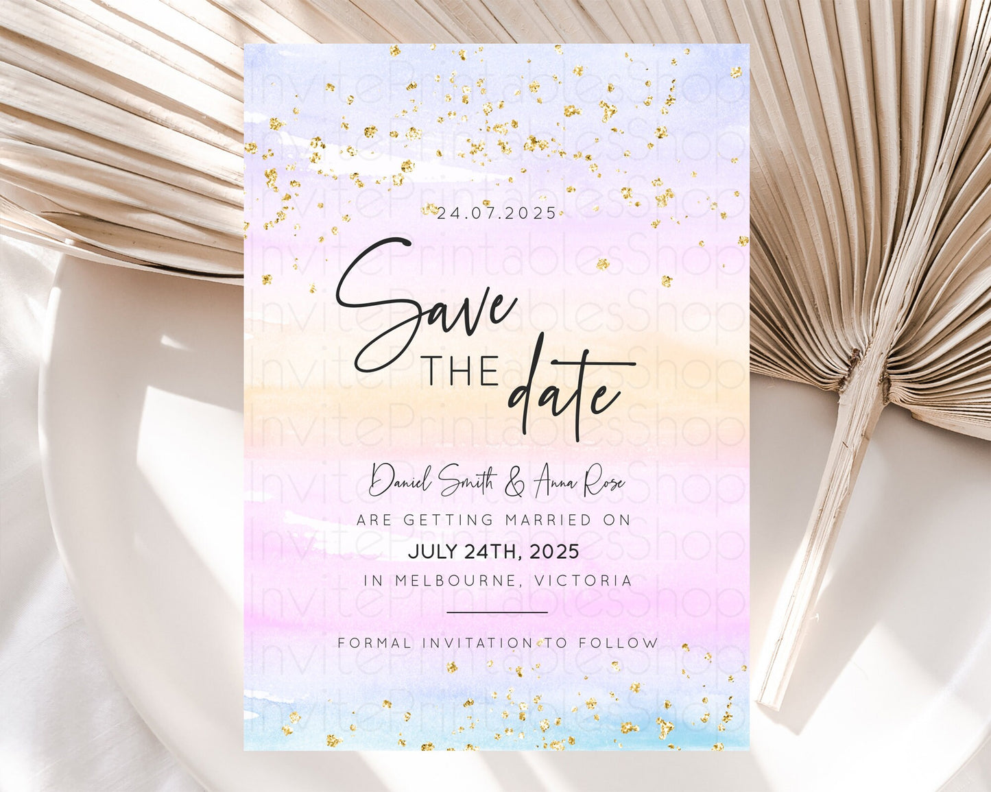 Editable Pastel Save The Date Template Pastel Ombre Rainbow Watercolor Color