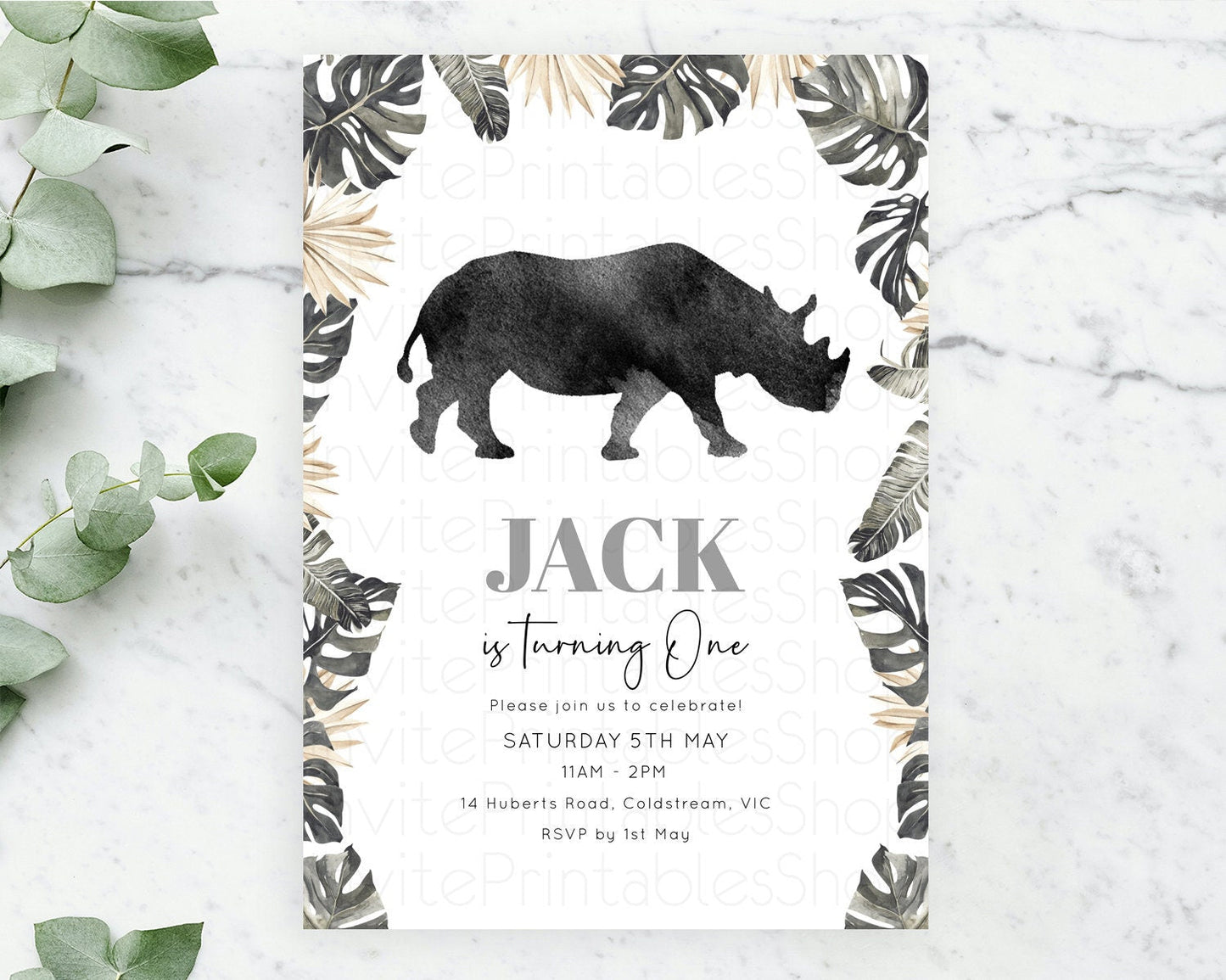 Rhino Birthday Invitation Rhino Invitation Rhino Birthday Rhino Safari Adventure Invite Rhino Palm Leaf Invite Zoo Party D10805