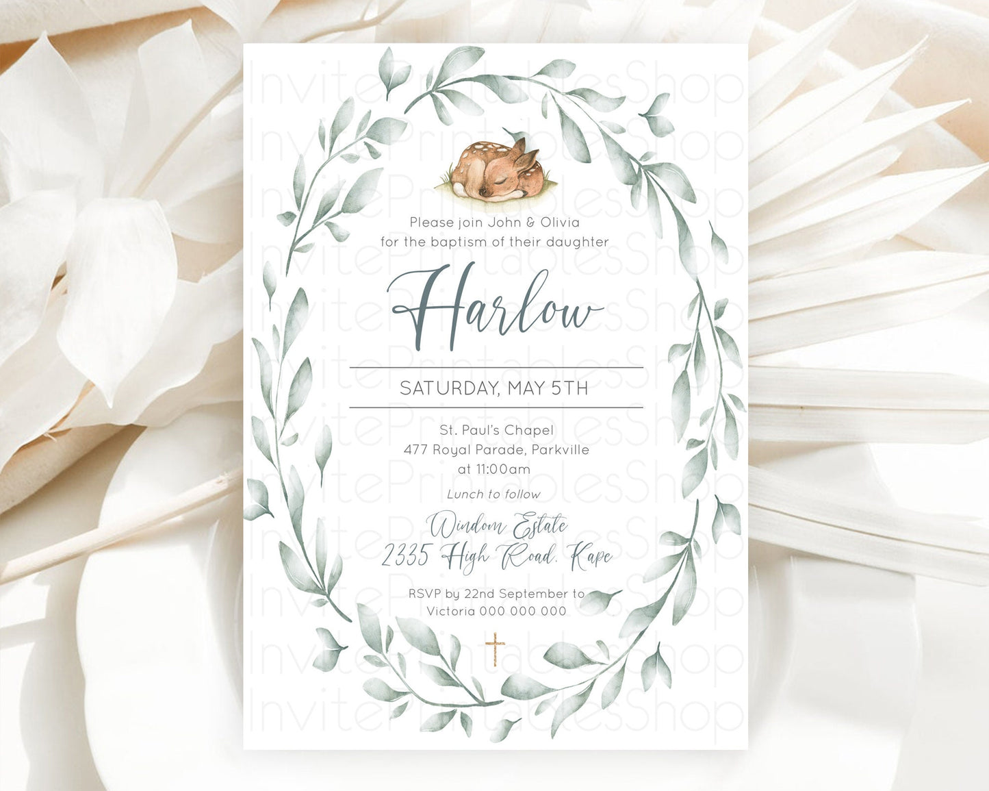 Fawn Baptism Invitation Deer Baptism 1st Birthday Invitation Enchanted Forest Christening Invitation Pastel Garden Butterfly Floral D10935