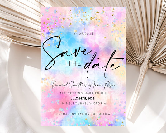 Pastel Save The Date Template Pastel Ombre Rainbow Watercolor Colorful Party For Birthday Baptism Baby Shower Wedding Bridal Shower D10607