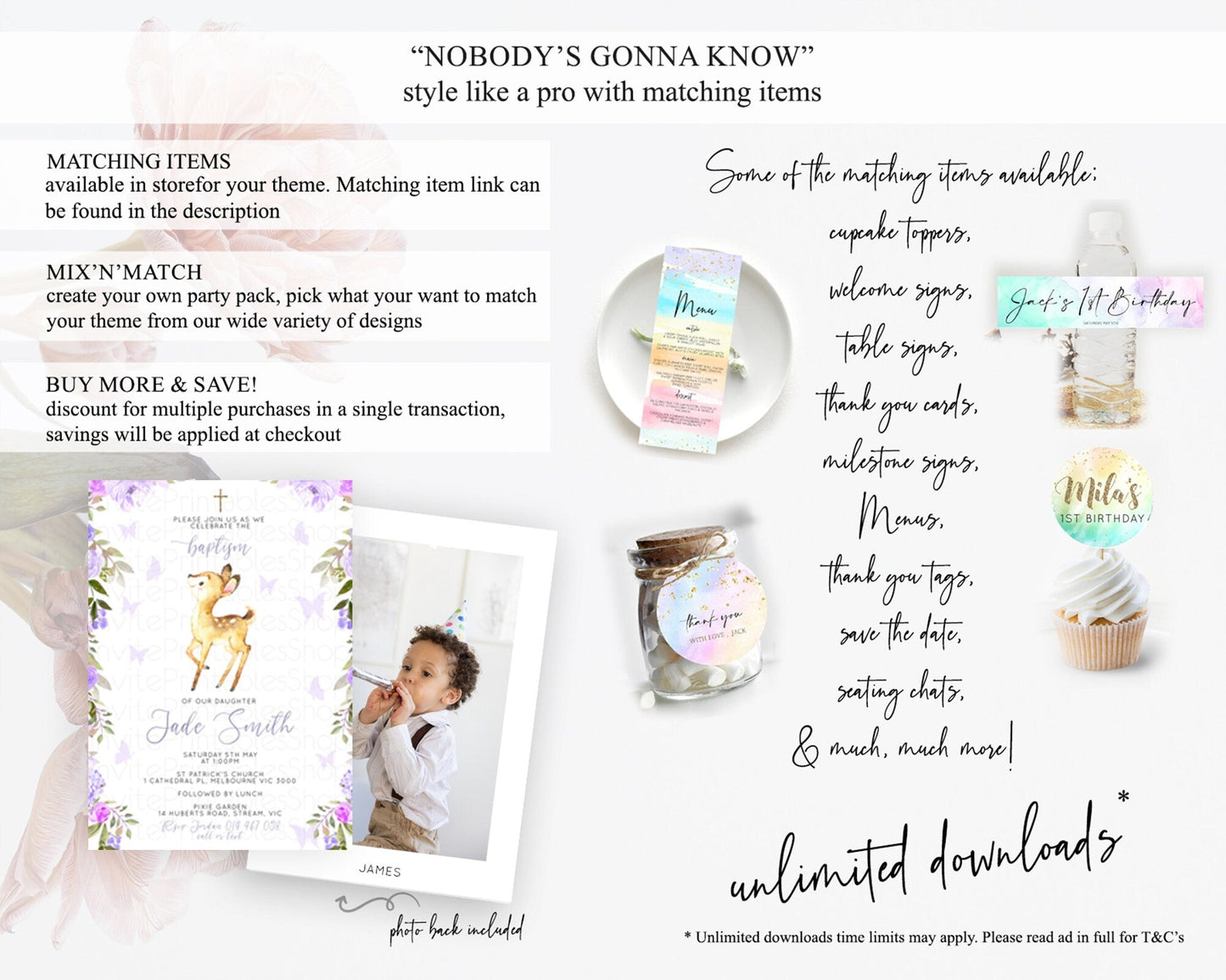 Fawn Baptism Invitation Deer Baptism 1st Birthday Invitation Enchanted Forest Christening Invitation Pastel Garden Butterfly Floral D10916