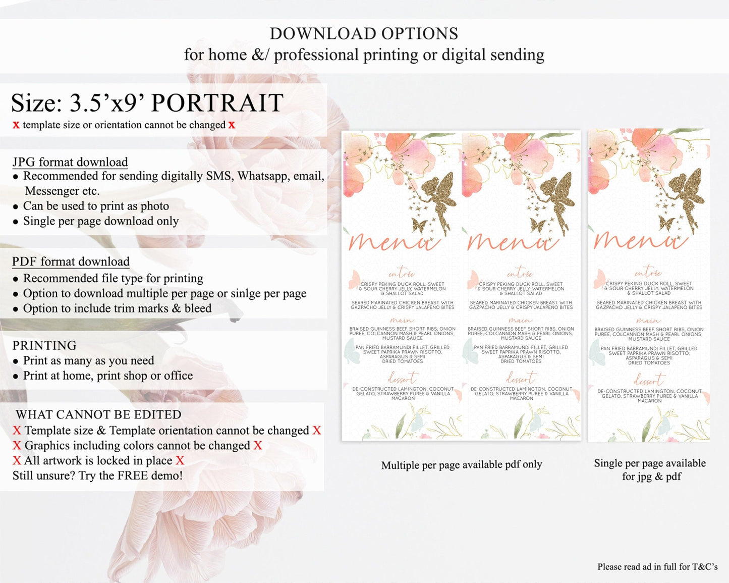 Fairy Menu Fairy Menu Template Enchanted Garden Pastel Floral Butterfly Table Decor Fairy Secret Garden Dinner Dessert Food Menu D10934