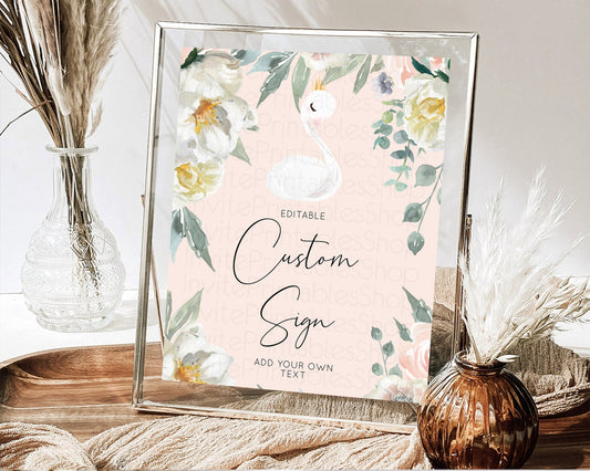 Editable Swan Table Sign Decor Swan Princess Ballet Party Enchanted Swan Lak