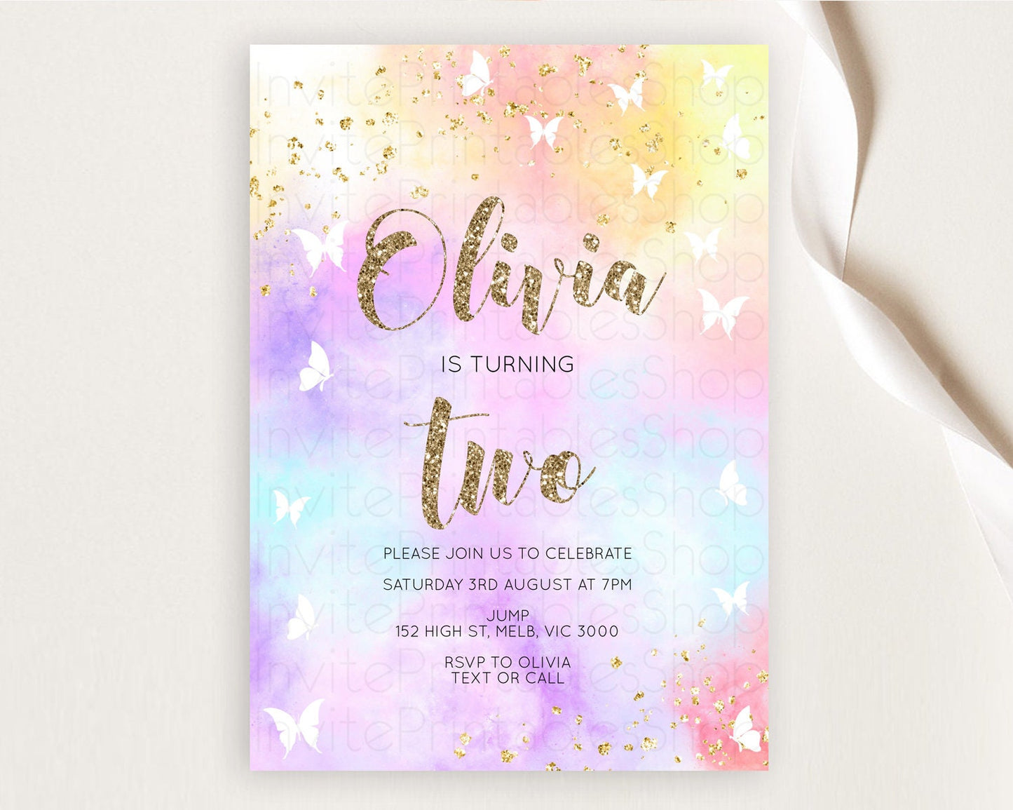 Rainbow Birthday Invitation Colorful Pastel Watercolor Invitation Gold Glitter Sprinkles Ombre Pastel 1st 2nd 3rd Birthday D10435