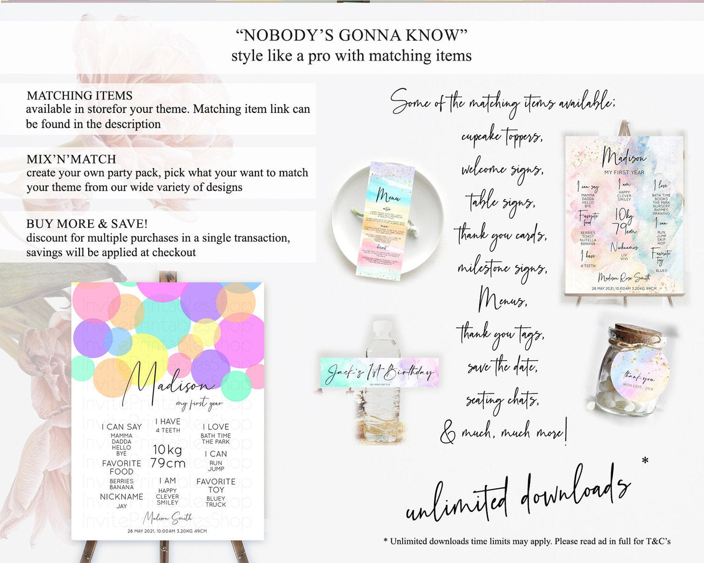Pastel First Birthday Milestone Poster Pastel Rainbow Confetti First Birthday Milestone Board Colorful Bubbles Birthday Welcome Sign D10888