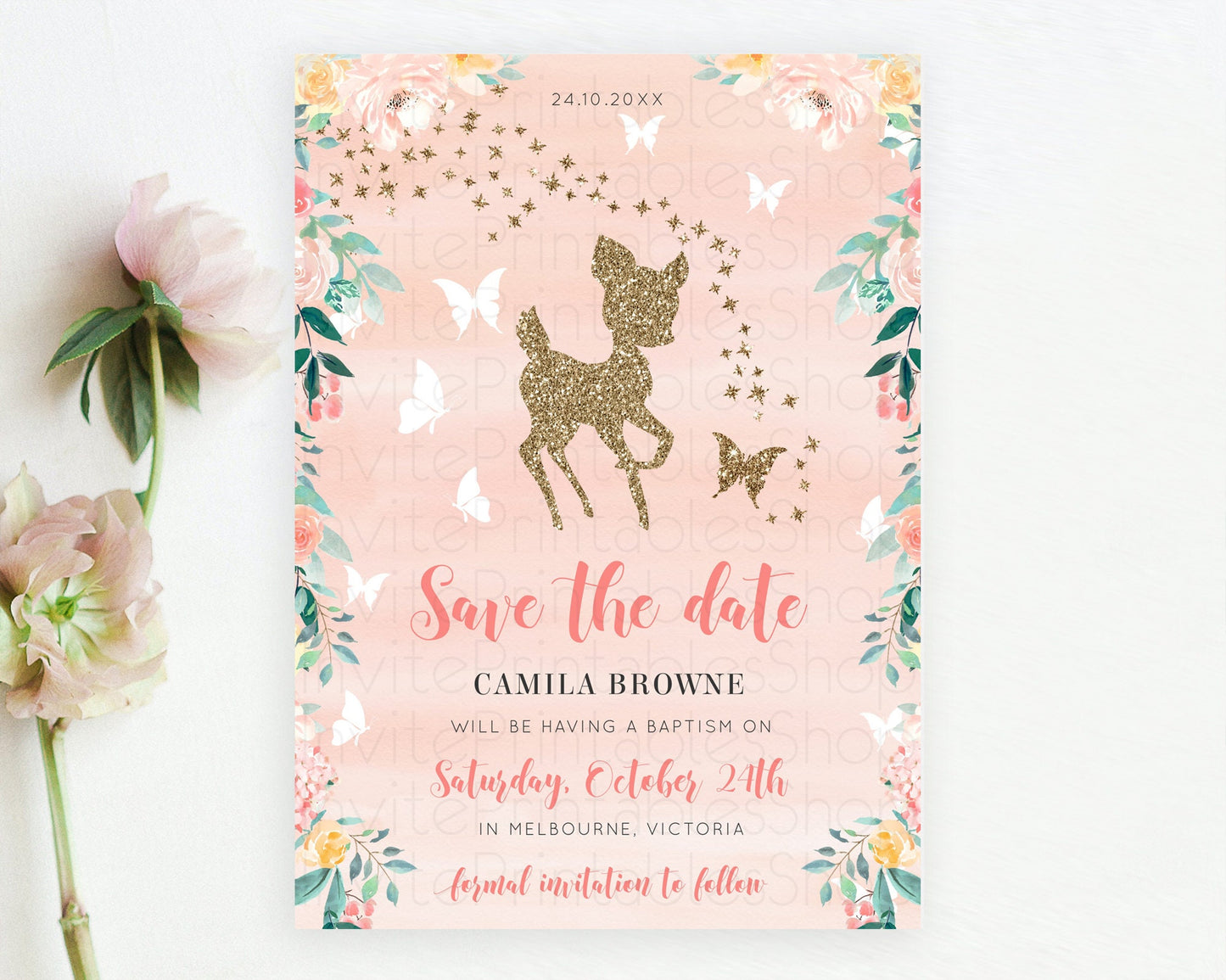 Fawn Deer Save The Date Template Pastel Floral Deer Enchanted Forest Butterfly Party 1st Birthday Baptism Baby Shower Bridal Shower D10873