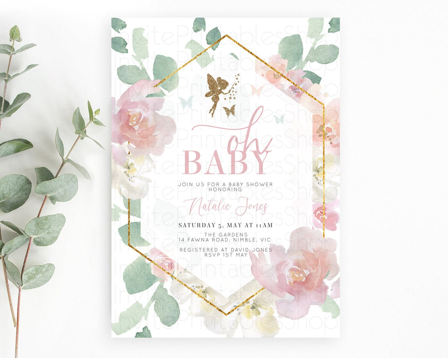 Fairy Baby Shower Invitation: Soft Pink Floral Tea Party, Enchanted Fairy Garden Flowers with Gold Glitter - Secret Garden Theme D10965