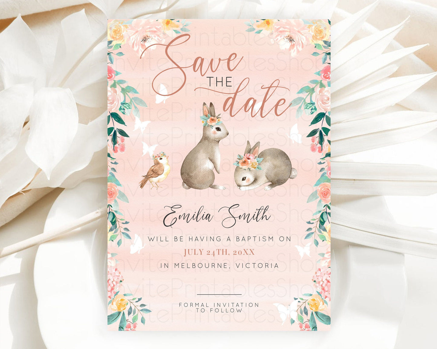 Floral Bunny Save The Date Template Pastel Flowers Forest Bunny Secret Garden Some Bunny Party 1st Birthday Baby Shower Baptism D10922