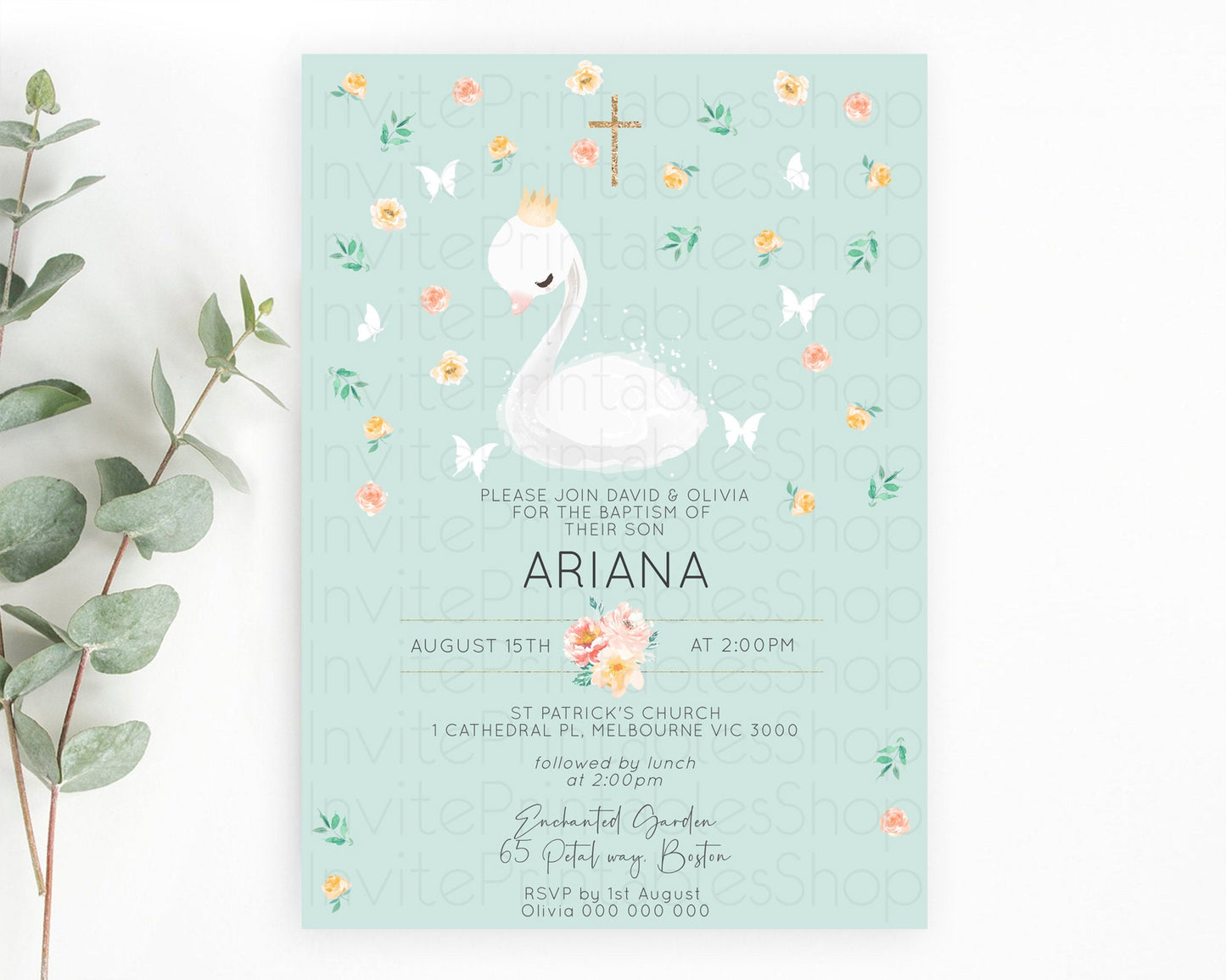 Swan Lake Baptism Invitation Swan Princess Ballet Baptism 1st Birthday Enchanted Forest Secret Garden Watercolour Pastel Floral D10905