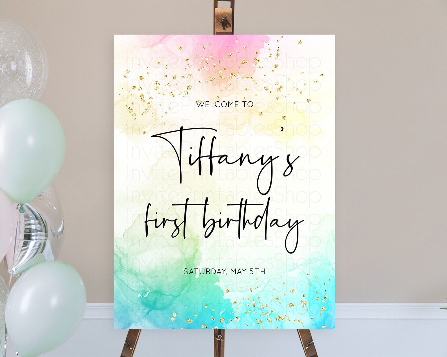 Pastel Welcome Sign Pastel Rainbow Welcome Sign Colorful Rainbow Confetti Watercolor Glitter Pastel First Birthday Welcome Sign D10151