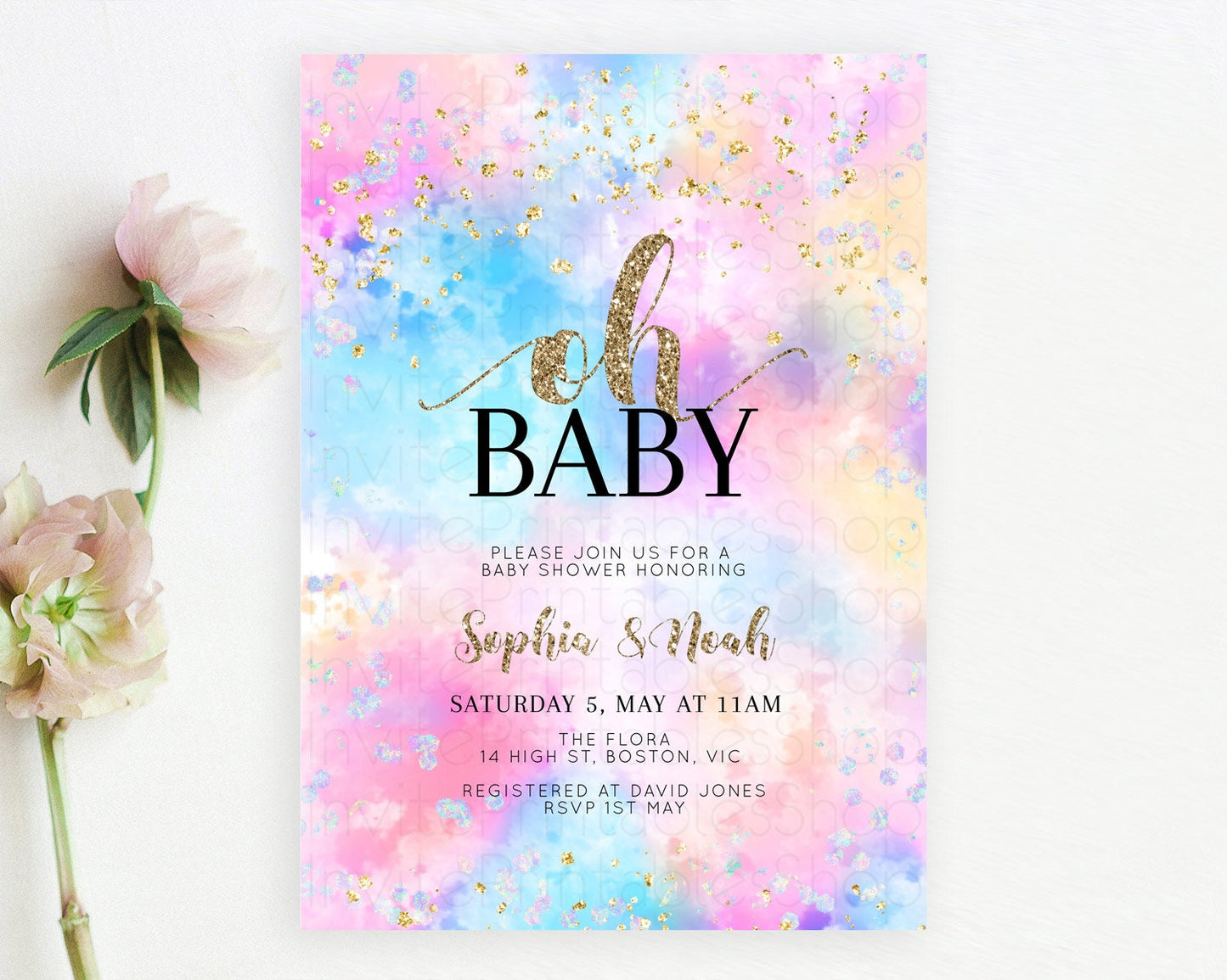 Pastel Baby Shower Invitation Rainbow Baby Shower Invitation Colorful Pastel Watercolor Invitation Gold Glitter Sprinkles Ombre D10608