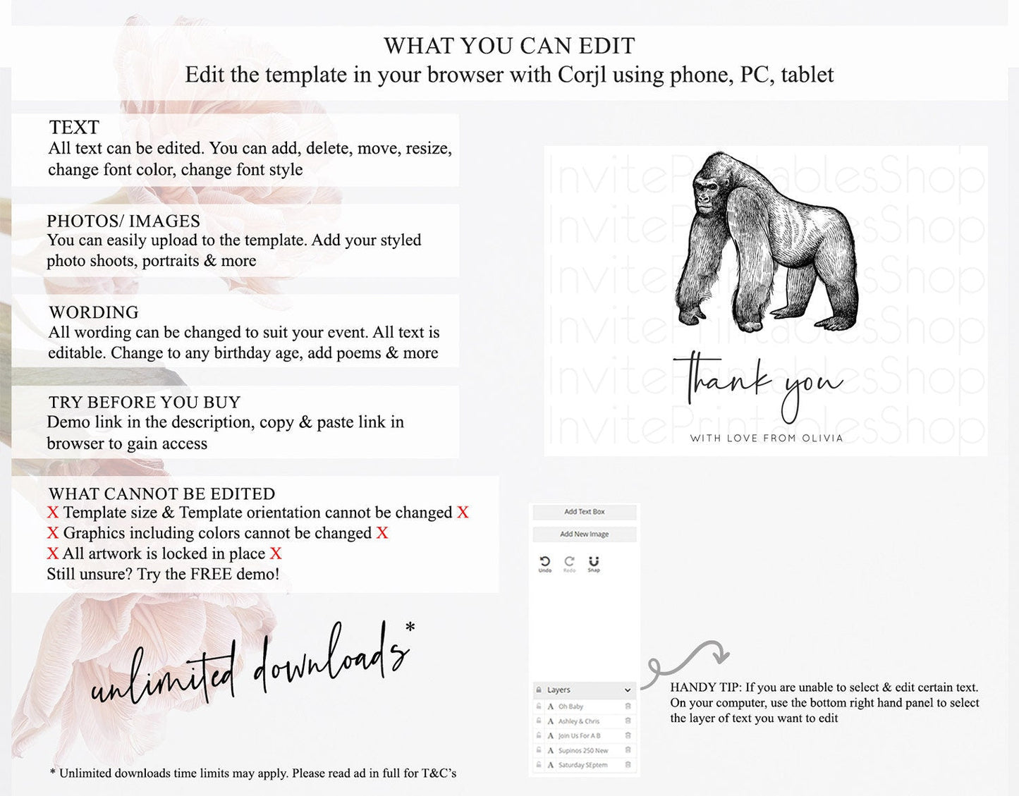 Gorilla Thank You Gorilla Thank You Card Gorilla Party Birthday Thank You Card Safari Card Template Gorilla Teacher Thank You Cards D10855