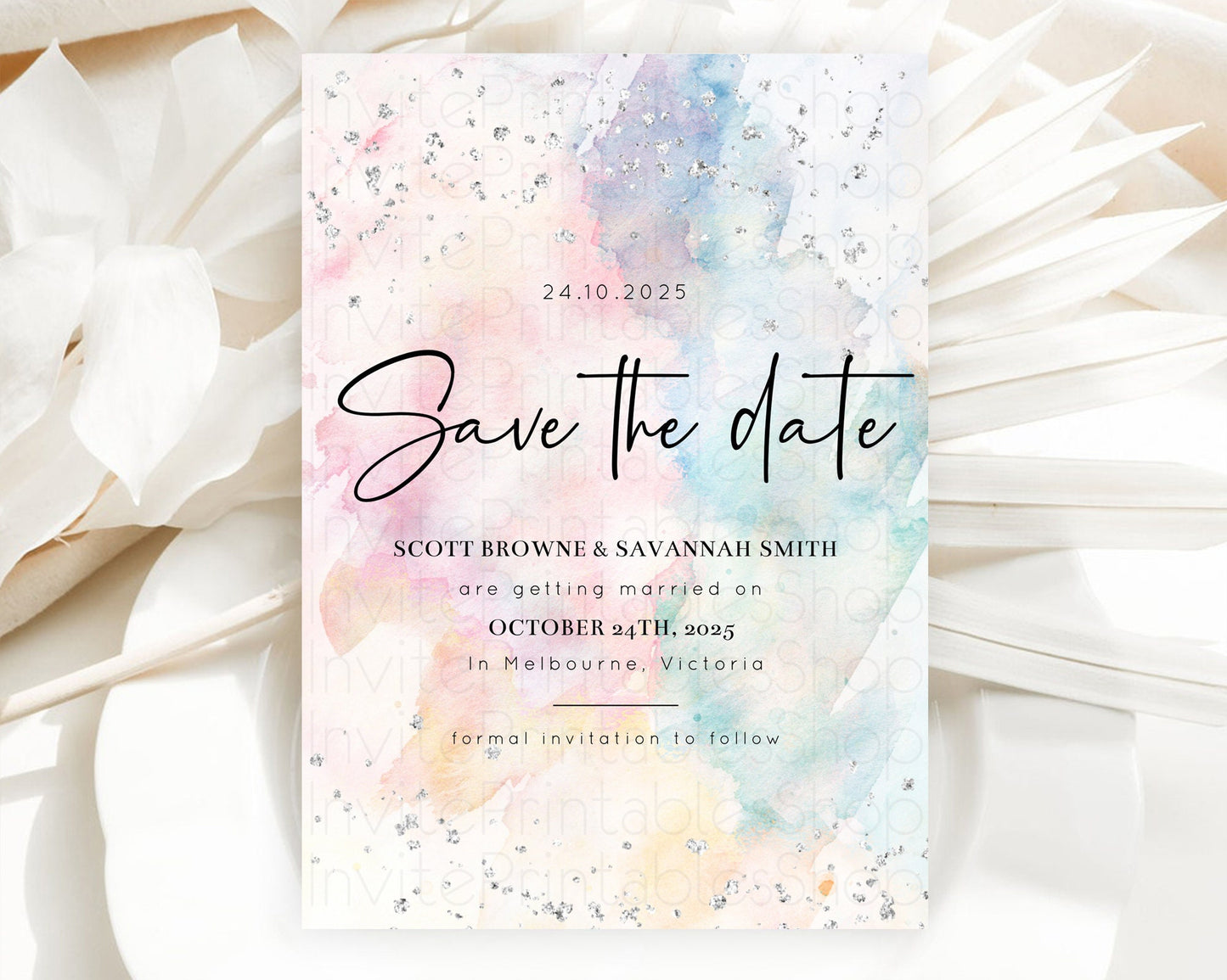 Pastel Silver Save The Date Template Rainbow Colorful Ombre Colorful Watercolor Party 1st Birthday Baptism Baby Shower Bridal Shower D10945