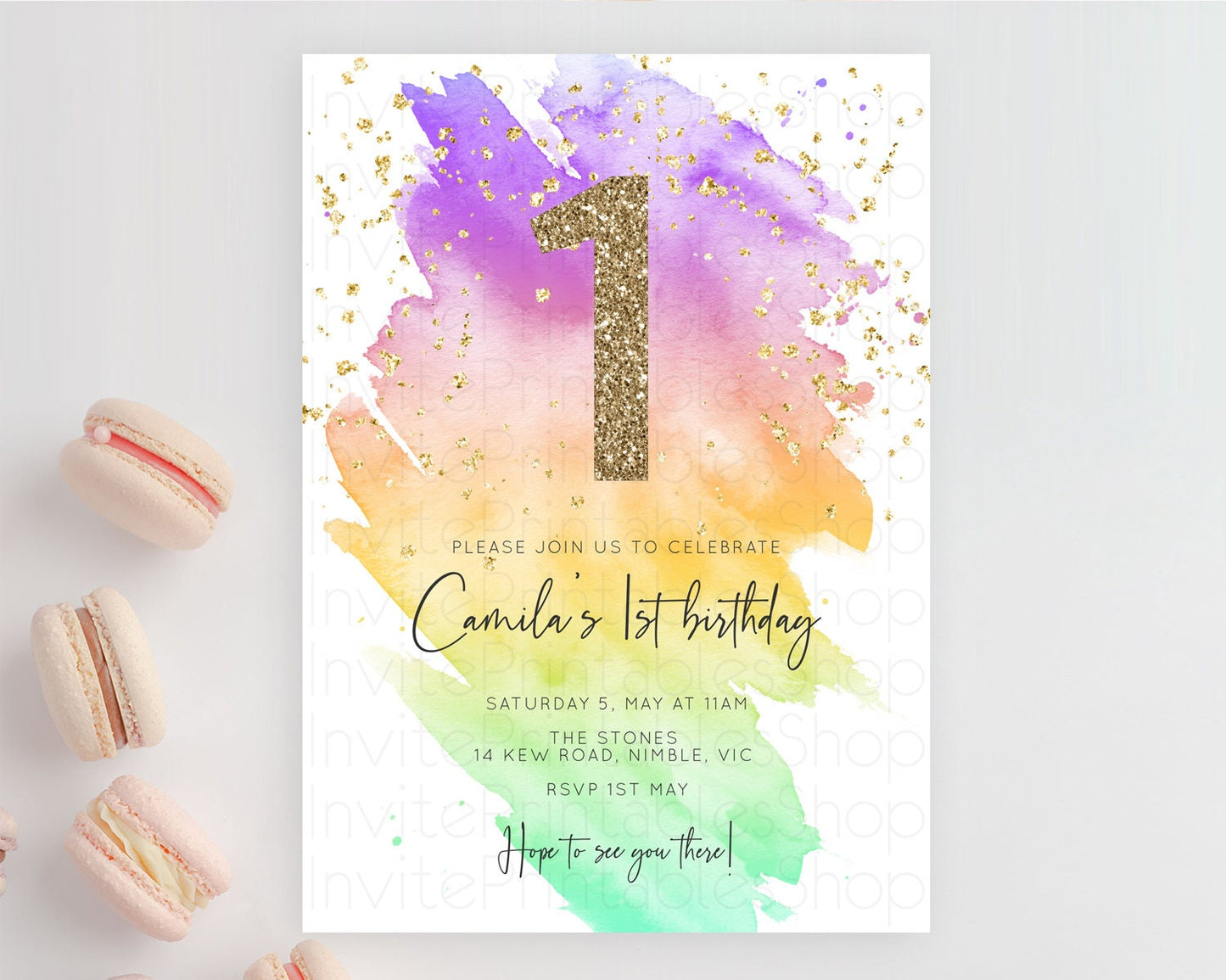 Rainbow Birthday Invitation Colorful Pastel Watercolor Invitation Gold Glitter Sprinkles Ombre Pastel 1st 2nd 3rd Birthday D10518