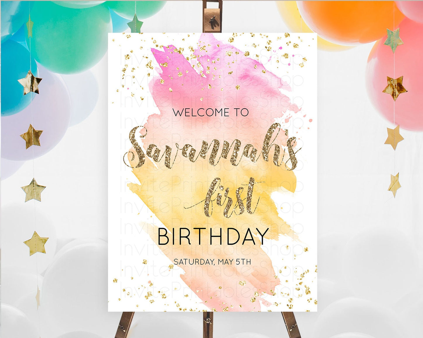 Pastel Welcome Sign Pastel Rainbow Welcome Sign Colorful Rainbow Confetti Watercolor Glitter Pastel First Birthday Welcome Sign D10526