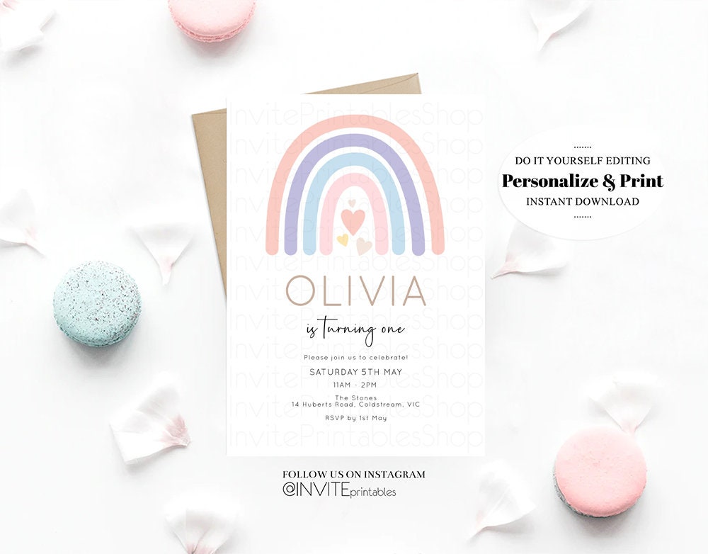 Rainbow Birthday Invitation Pastel Colorful Twinkle Stars Sky Clouds Watercolor Pink Blue Green Yellow White Modern Printable Invite