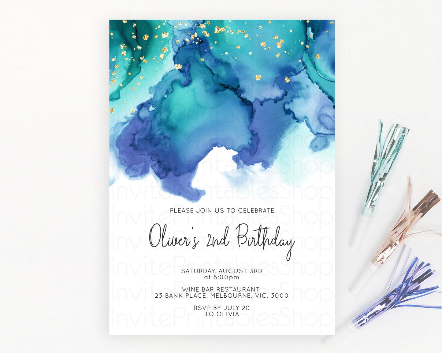 Blue Birthday Invitation Blue Watercolor Invitation Pastel Blue Watercolor Invitation Blue Splash Gold Invitation 1st First Birthday D11067