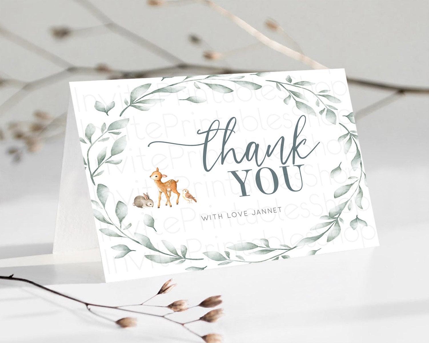 Editable Fawn Thank You Deer Thank You Card Pastel Floral Deer Birthday Than