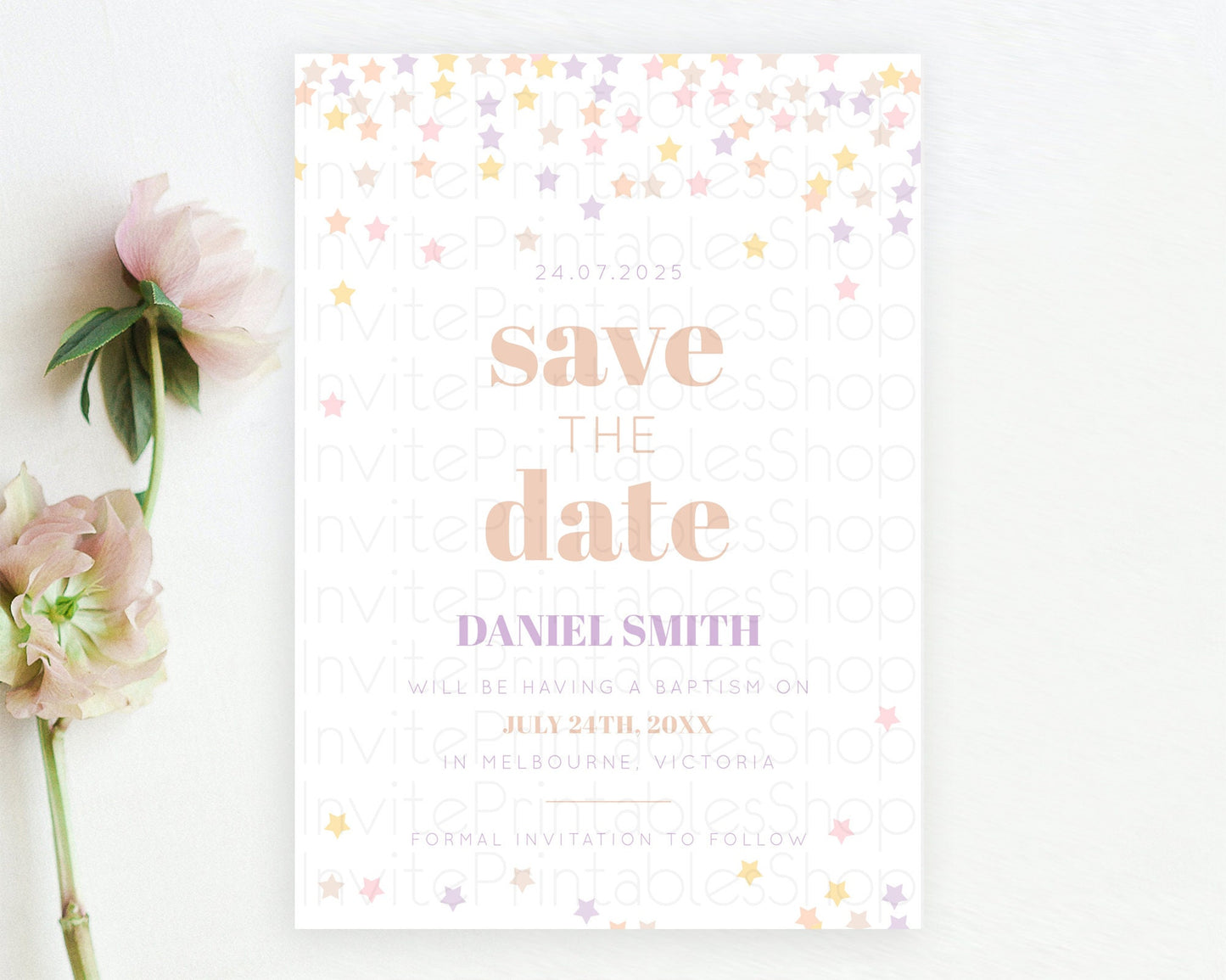 Twinkle Stars Save The Date Template Pastel Twinkle Little Star Party Shooting Star Confetti Sprinkles Birthday Baptism Baby Shower D10810