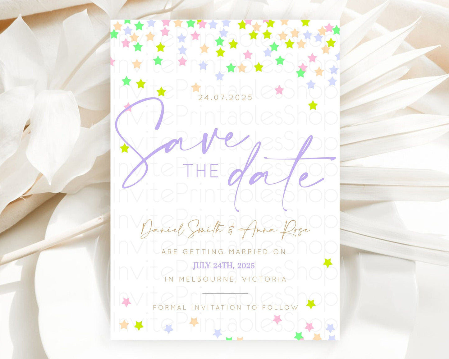 Twinkle Stars Save The Date Template Pastel Twinkle Little Star Party Shooting Star Confetti Sprinkles Birthday Baptism Baby Shower D10396