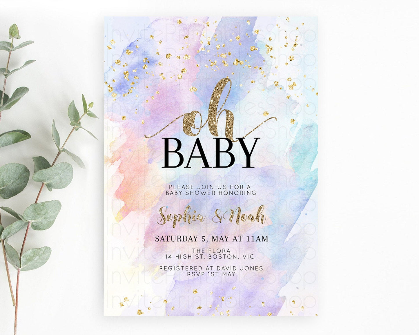 Pastel Baby Shower Invitation Rainbow Baby Shower Invitation Colorful Pastel Watercolor Invitation Gold Glitter Sprinkles Ombre D10583