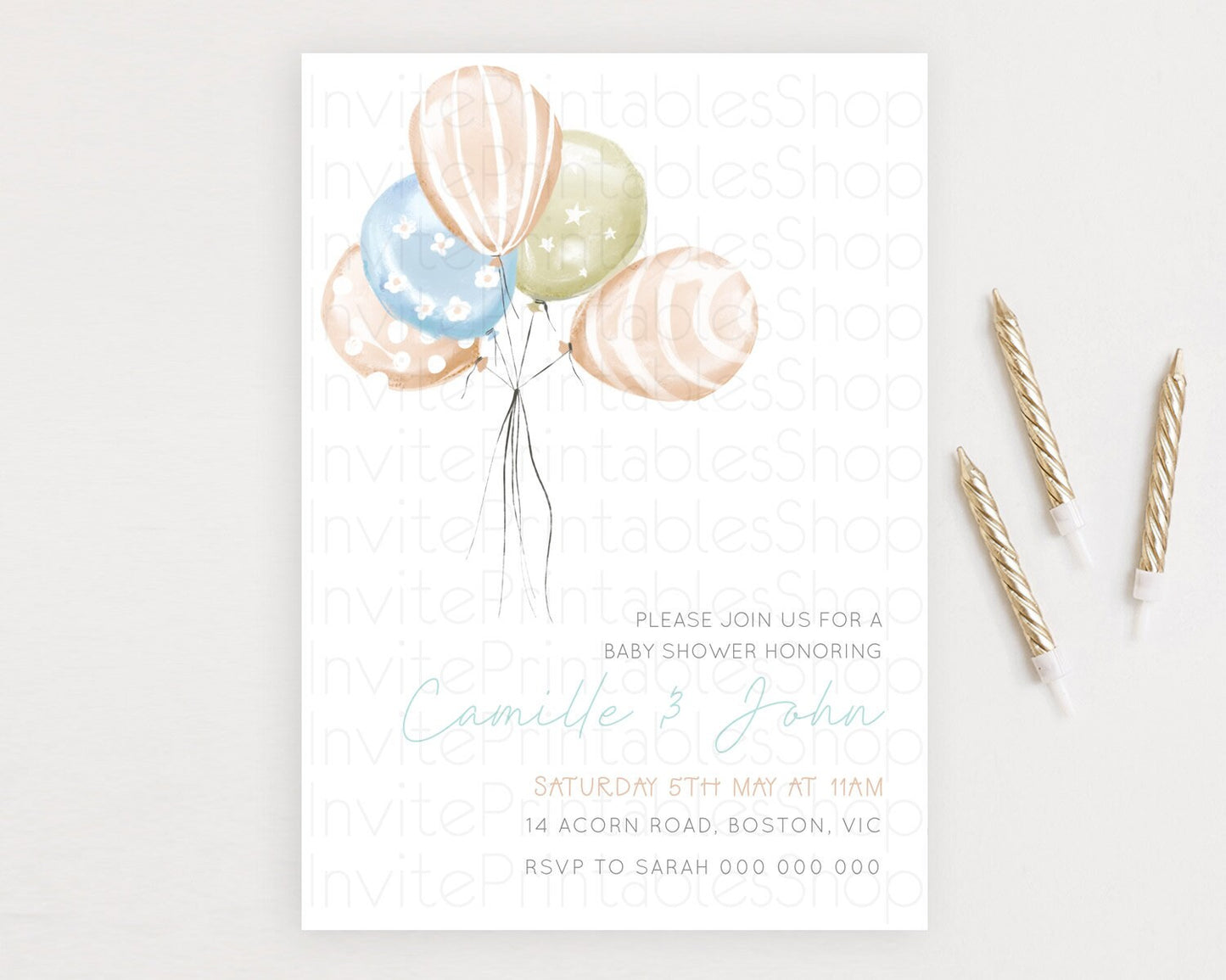 Pastel Balloon Baby Shower Invitation Pastel Balloon Pink Blue Gold Invitation Colorful Pastel Rainbow Balloon Baby Shower Theme d22999