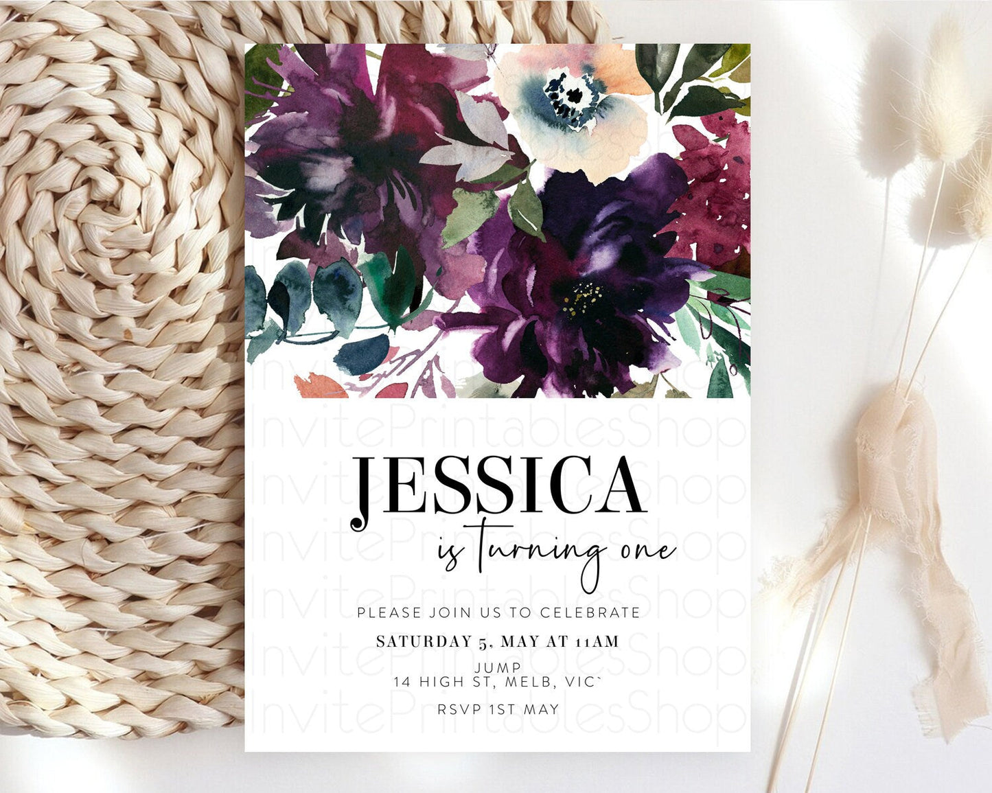 Secret Garden Wildflower Birthday Invitation, Pastel Burgundy Flowers, Boho Floral, 1st, 2nd, 3rd Birthday, D11062