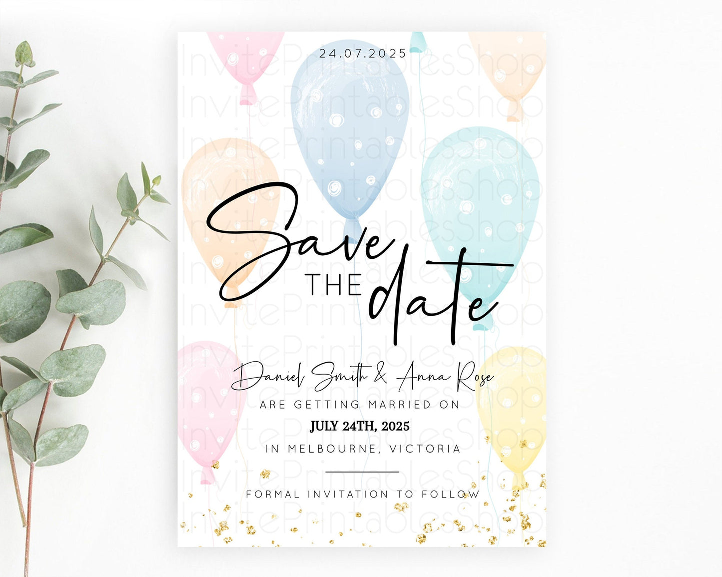 Pastel Balloons Save The Date Rainbow Confetti Balloon Party Colorful Balloon Save The Date Template Birthday Baby Shower Baptism  D10776