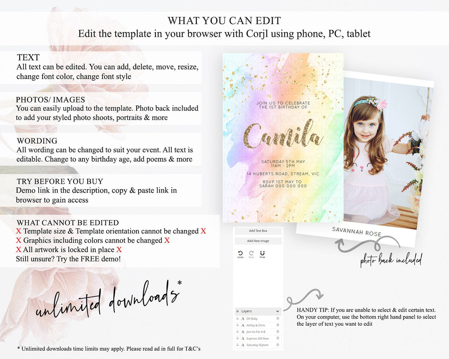 Rainbow Birthday Invitation Colorful Pastel Watercolor Invitation Gold Glitter Sprinkles Ombre Pastel 1st 2nd 3rd Birthday D10643