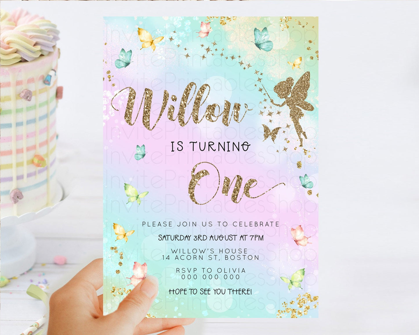Pastel Fairy Birthday Invitation Pastel Butterflies Fairy Birthday Invitation Rainbow Ombre Watercolor 1st 2nd Birthday Invitation D23162