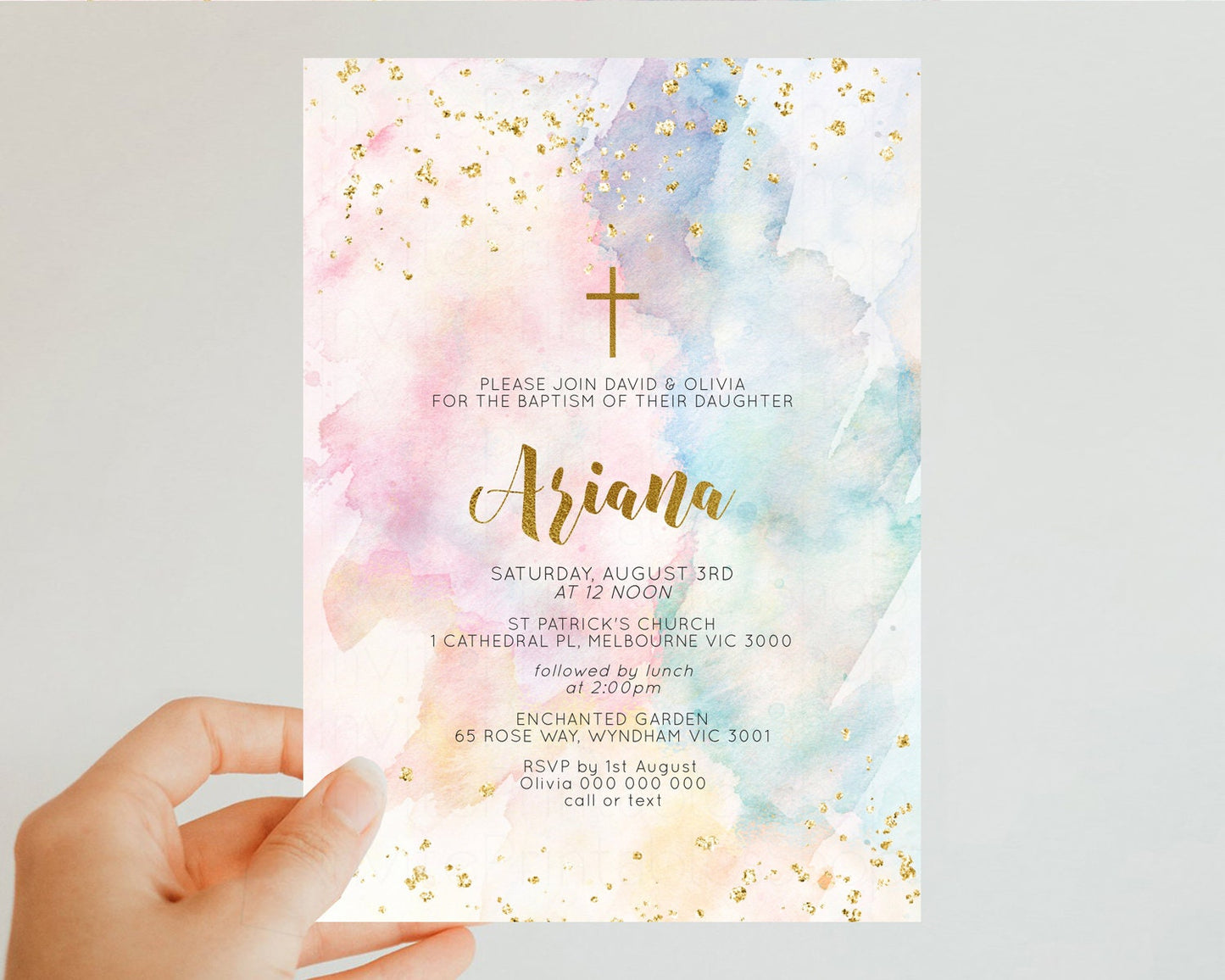 Rainbow Baptism Invitation Pastel Christening Invitation Holy Communion Invitation Glitter Watercolor Splash Invitation Colorful Invite 276