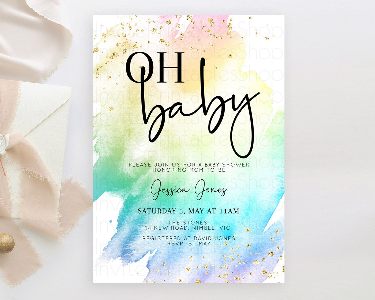 Pastel Baby Shower Invitation Rainbow Baby Shower Invitation Colorful Pastel Watercolor Invitation Gold Glitter Sprinkles Ombre D10279