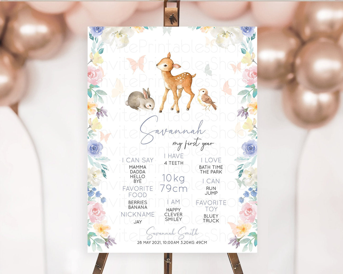 Fawn First Birthday Milestone Board Deer First Birthday Milestone Poster Enchanted Forest Butterfly Pastel Flowers 1st Birthday Sign D10930