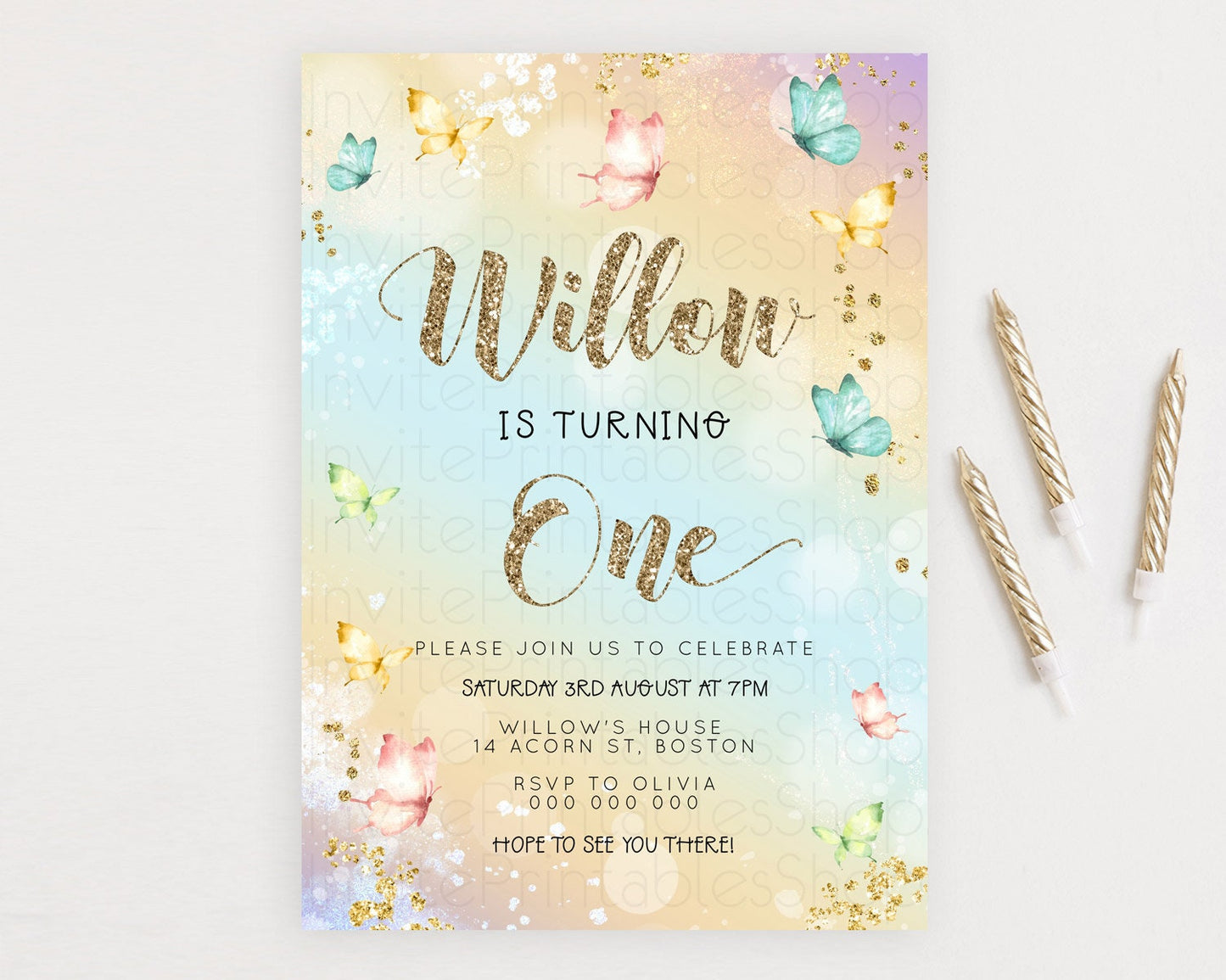 Pastel Butterfly Birthday Invitation Butterfly Birthday Invitation Colorful Splash Glitter Butterfly Garden 1st 2nd Birthday D23087