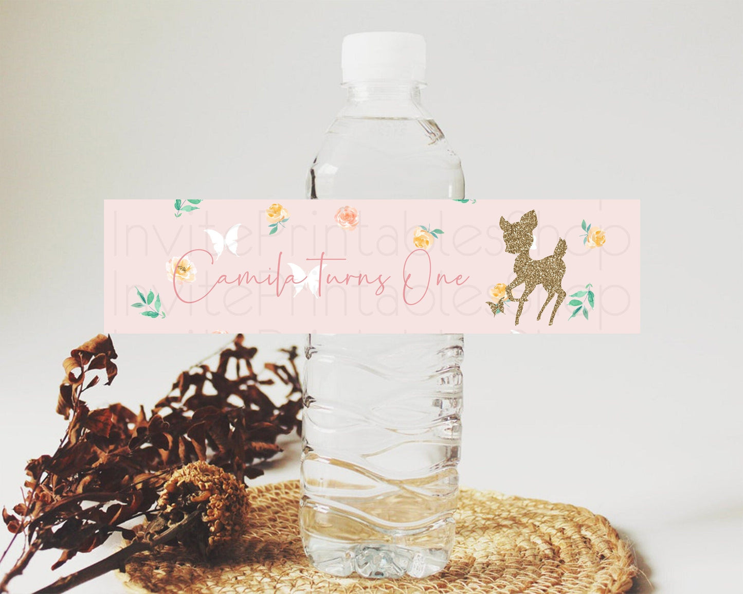 Fawn Deer Water Label Template Pastel Floral Deer Enchanted Forest Butterfly Party Decor Birthday Baptism Baby Shower Bridal Shower D10386