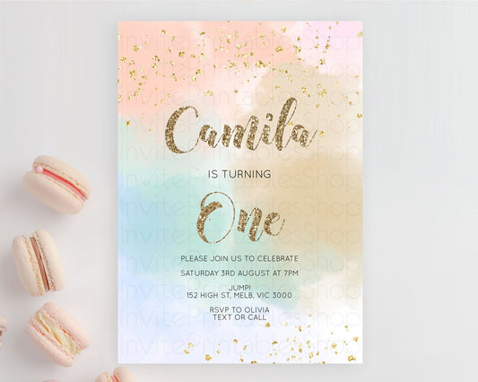 Editable Rainbow Birthday Invitation Colorful Pastel Watercolor Invitation G