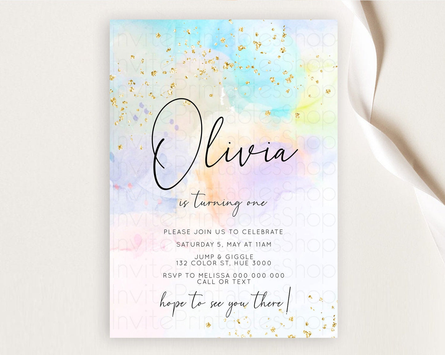 Rainbow Birthday Invitation Colorful Pastel Watercolor Invitation Gold Glitter Sprinkles Ombre Pastel 1st 2nd 3rd Birthday D10769