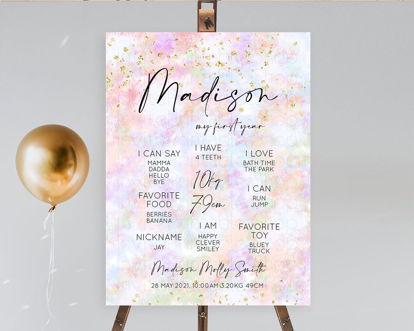 Pastel First Birthday Milestone Board Pastel Rainbow Milestone Poster Colorful Confetti Watercolor Glitter 1st Birthday Welcome Sign D10649
