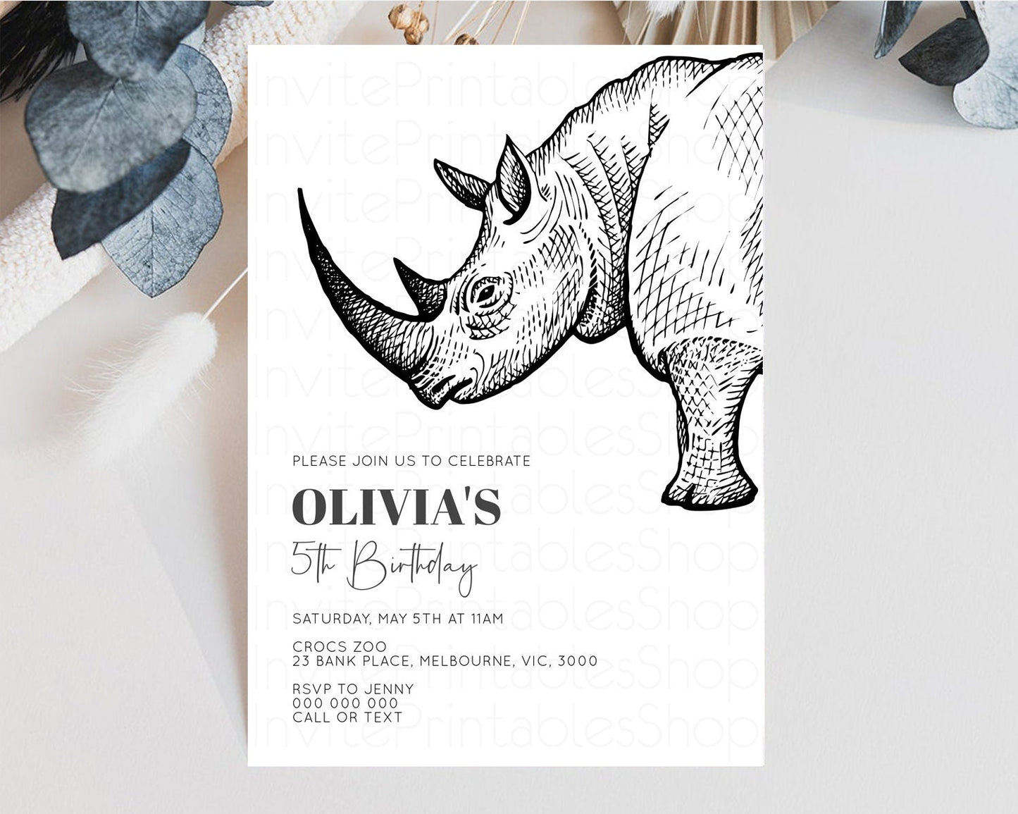 Rhinoceros Birthday Invitation Rhinoceros Invite Jungle Safari invite Watercolor Tropical Palm Adventure Zoo Party Wild Rhino Party t269