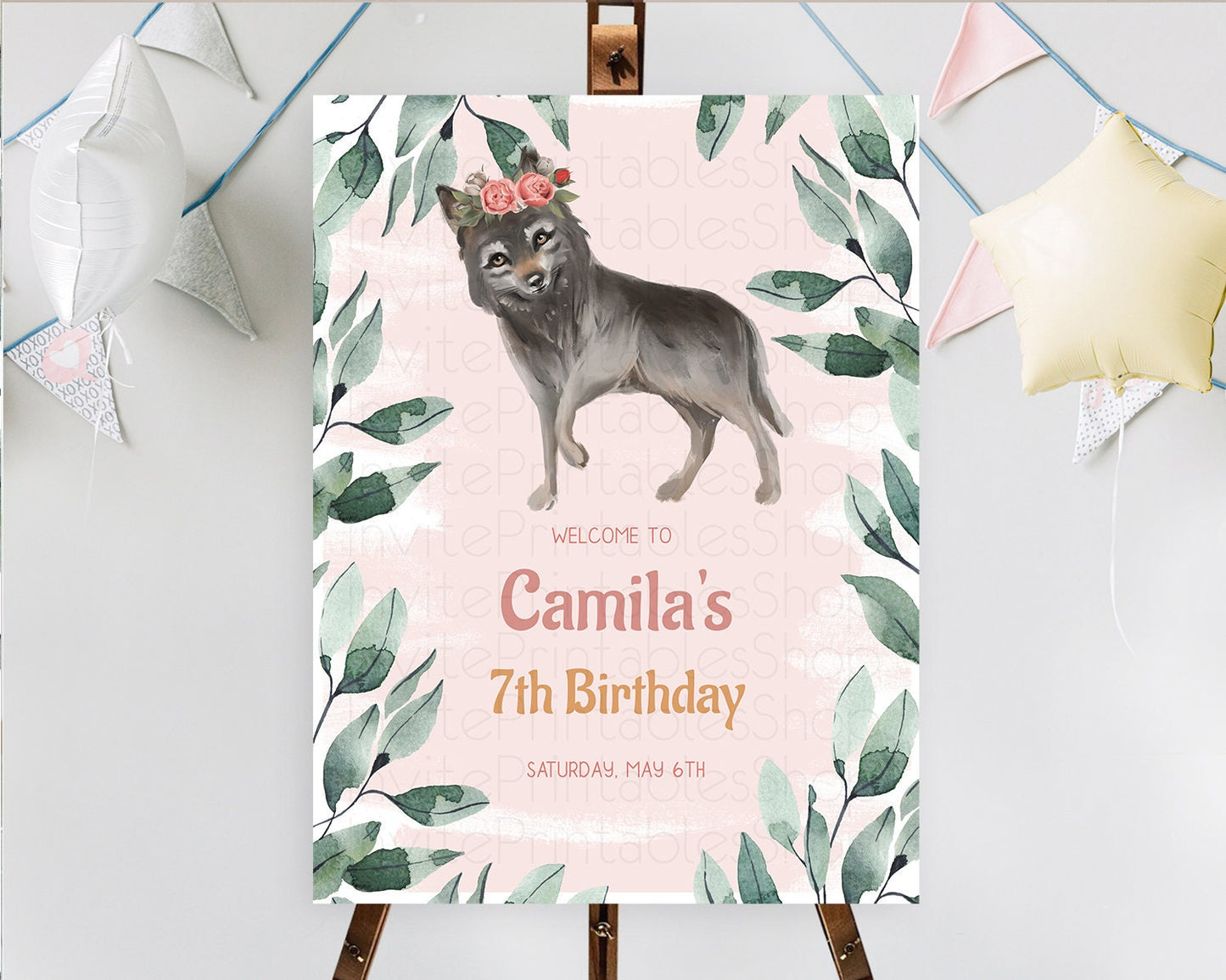 Wolf Welcome Sign Wolf Welcome Board Pastel Floral Wolf Welcome Poster Forest Wolf Party Decor Wolf First Birthday Welcome Sign D10535