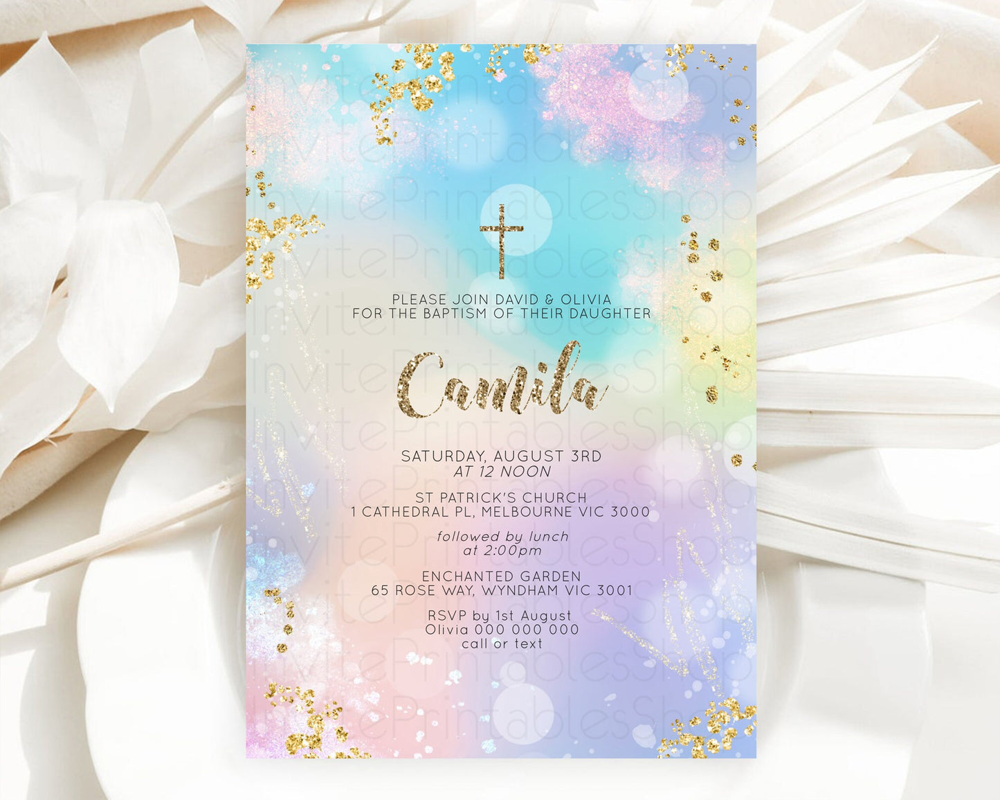 Pastel Baptism Invitation Pastel Colors Watercolor Baptism 1st Birthday Party Gold Ombre Pastel Rainbow Christening Holy Communion D10677