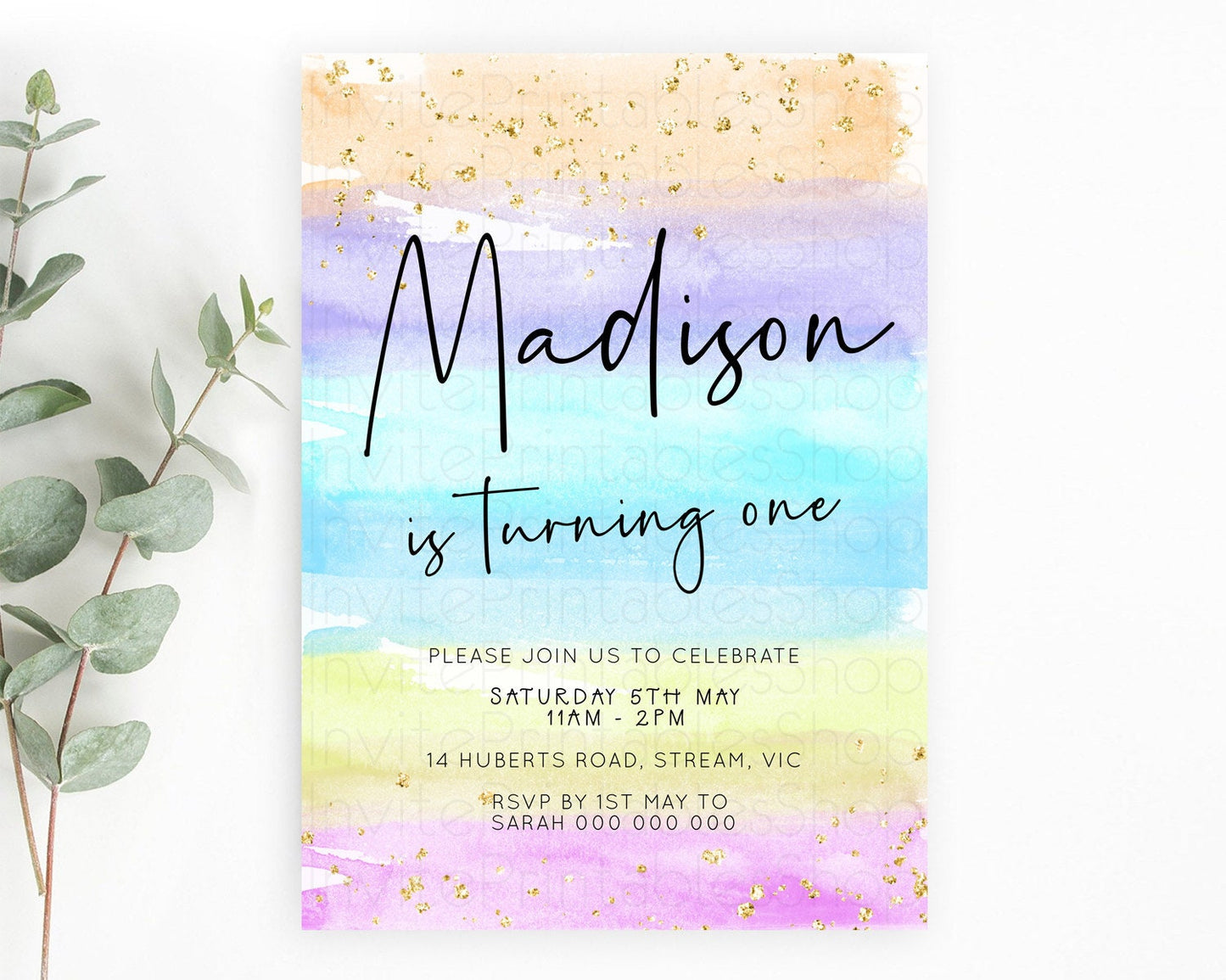 Pastel Birthday Invitation Ombre Watercolor Birthday Invitation Glitter Rainbow Color Splash 1st 2nd 3rd Birthday Invitation D23040